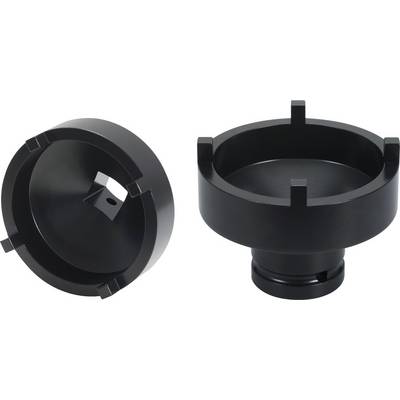 Two black, cylindrical metal parts, possibly machine components or shaft connectors, with multiple grooves on top.
