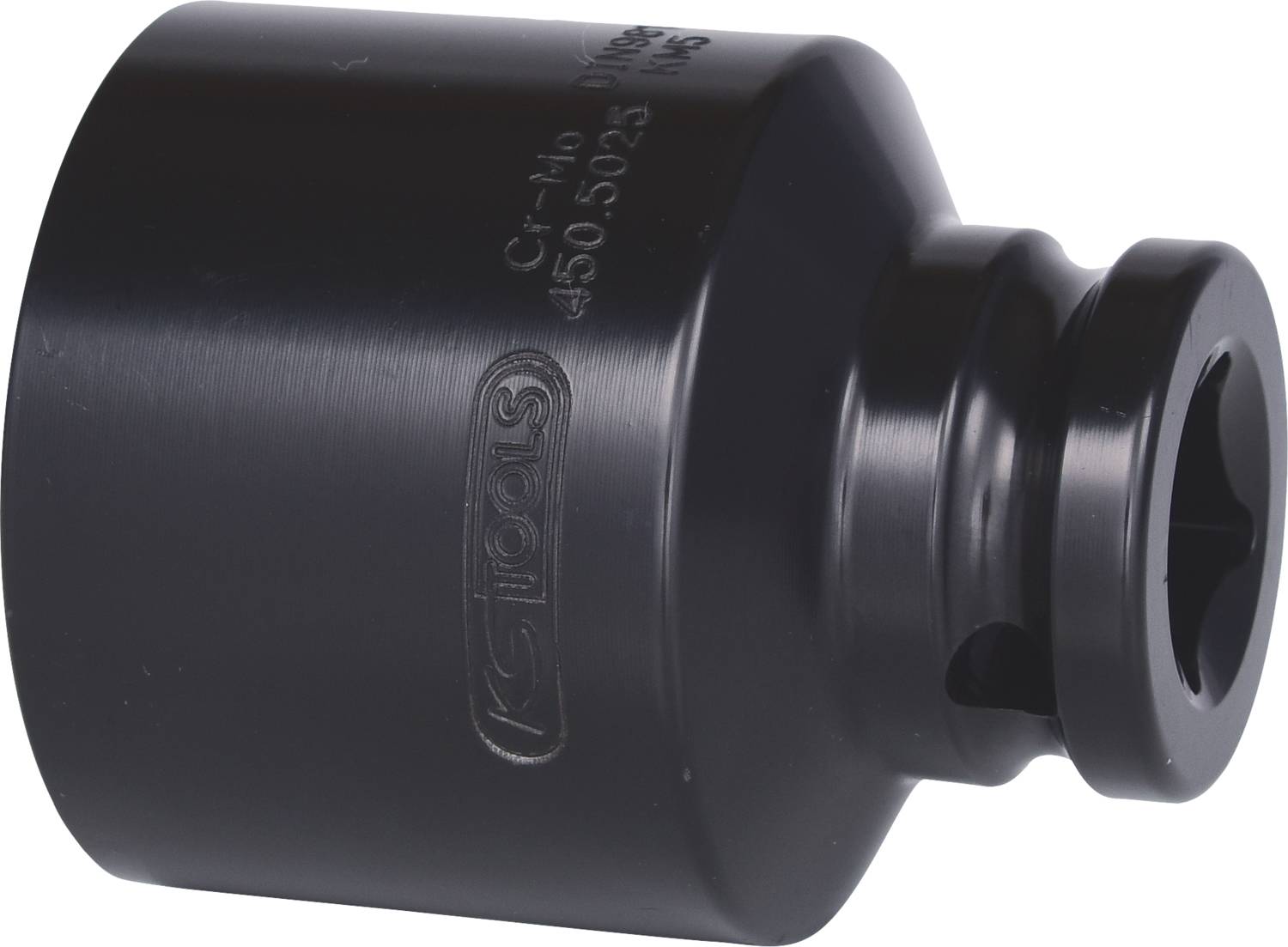 A black socket insert with a hexagonal drive and an engraved inscription on the surface.