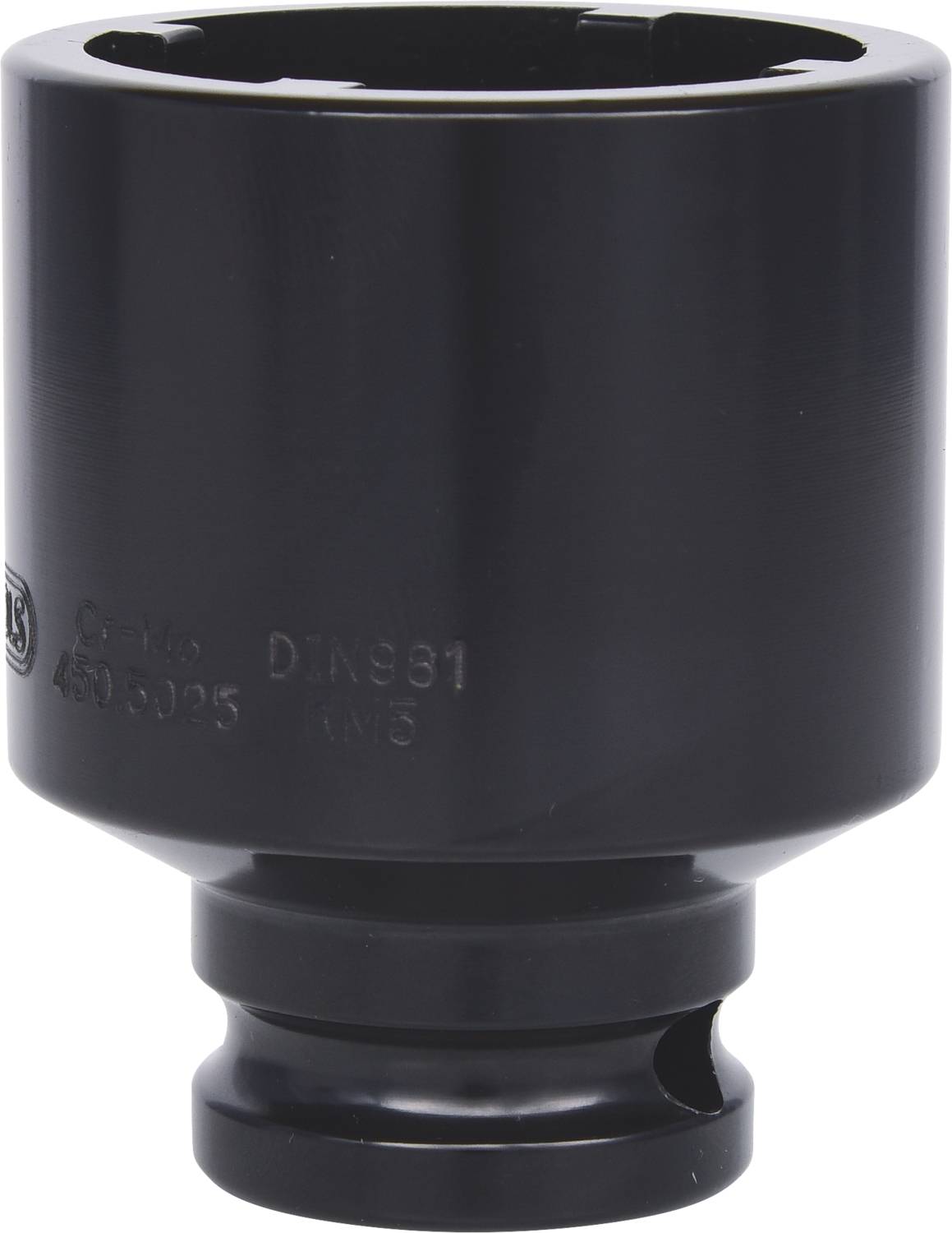 Metal cylinder lock nut with a shiny surface and embossed markings, suitable for tools used in screw fastening.