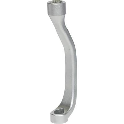 A silver wheel brace with a curved shaft, used for loosening or tightening wheel nuts.