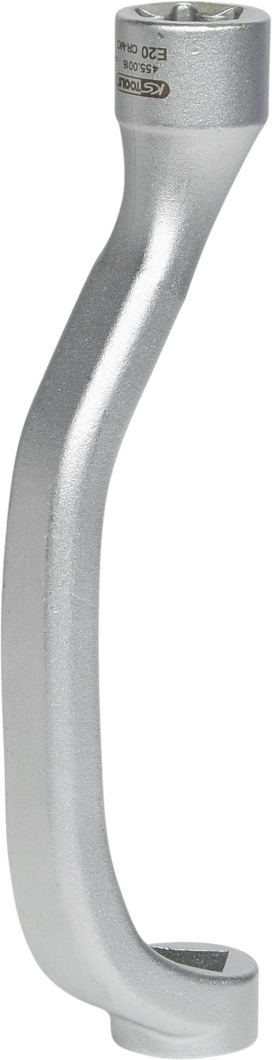 A silver, curved hand crank with a socket key insert. Ideal for tightening or loosening nuts and bolts.