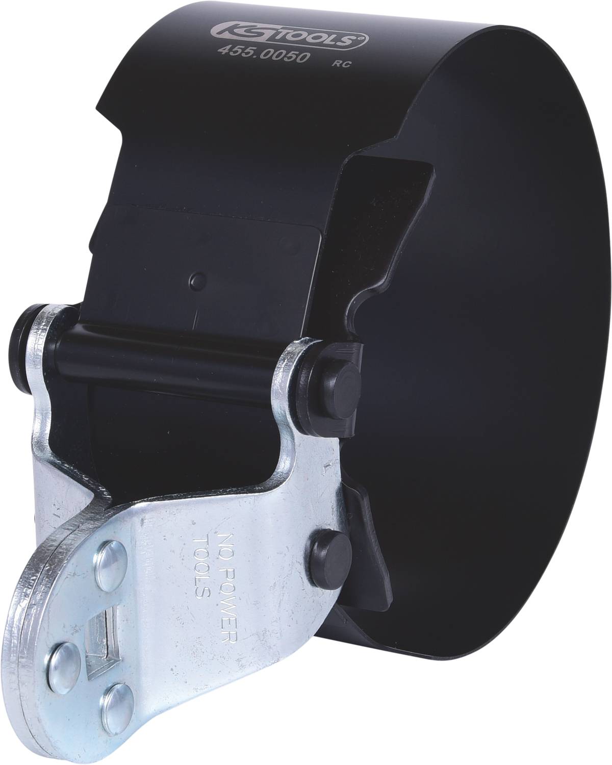 Metal oil filter wrench with black band and silver handle, suitable for removing oil filters in motor vehicles.