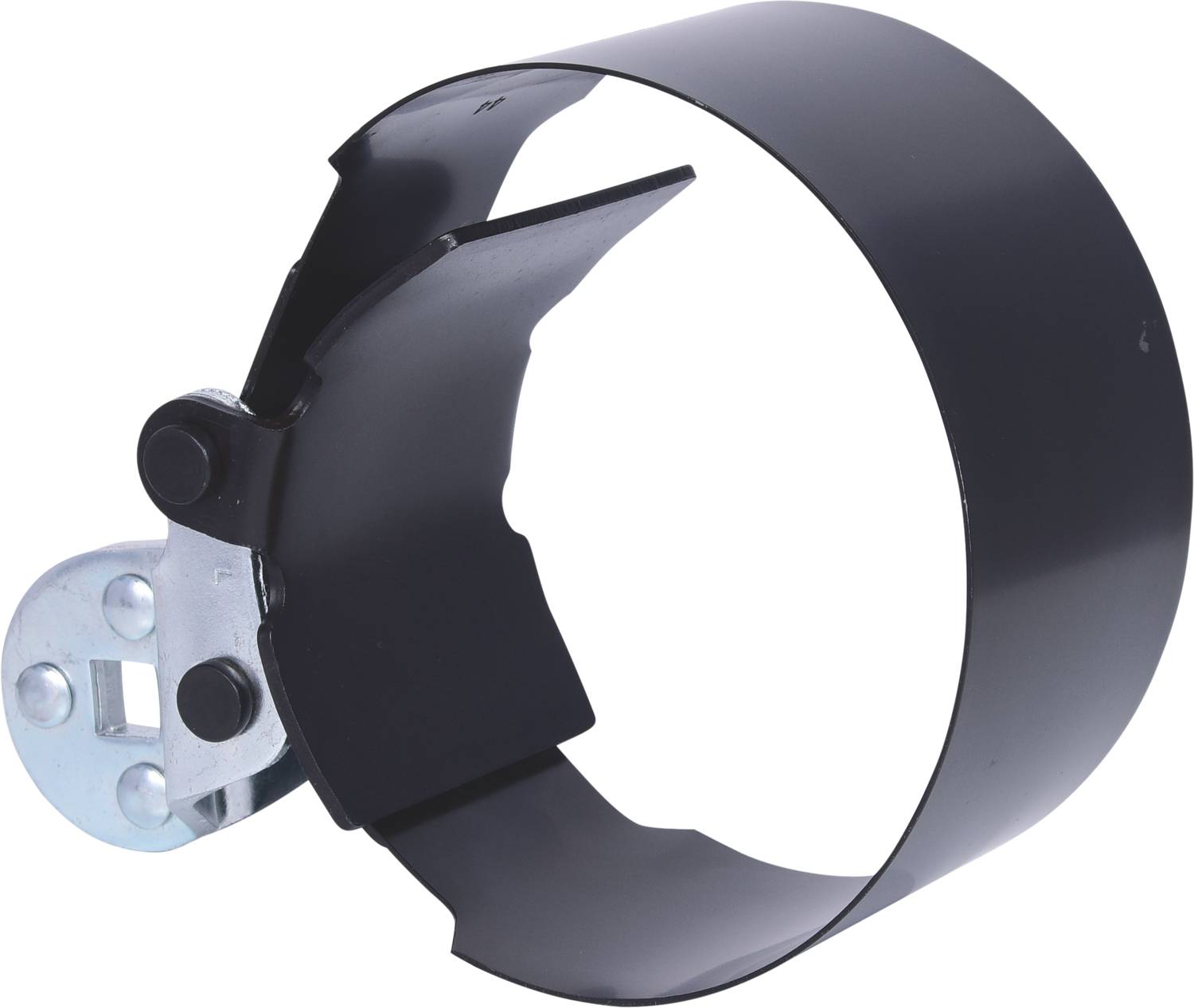 Black pipe clamp with metal screw closure, used for securing round objects such as pipes or hoses.