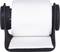 Roll of white toilet paper on black holder, front view.