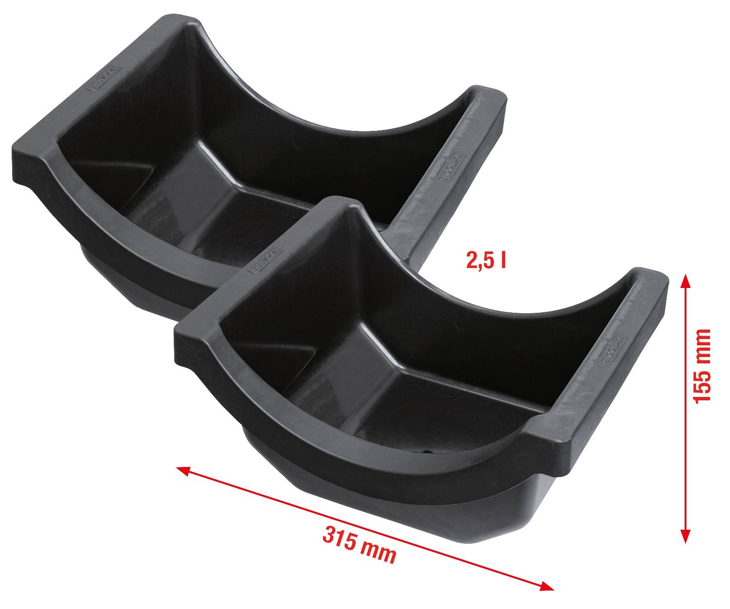 Two black plastic half-shells for barrel storage, each with a 2.5-litre capacity. Dimensions: 315 mm x 155 mm.