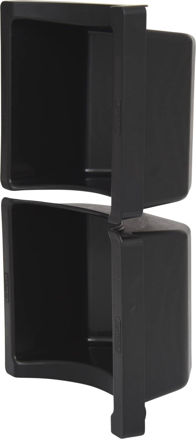 Two black, rectangular plastic inserts, vertically stacked on top of each other, suitable for storing or organising small items.