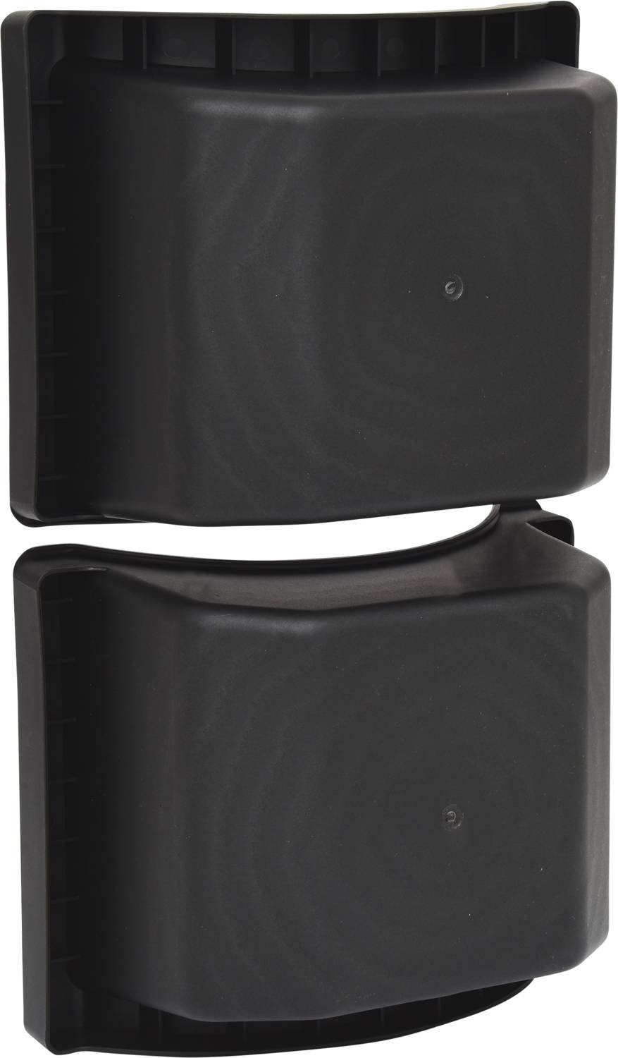 Two black, rectangular plastic components, arranged one above the other. They appear sturdy and have grooves along the edges for securing.