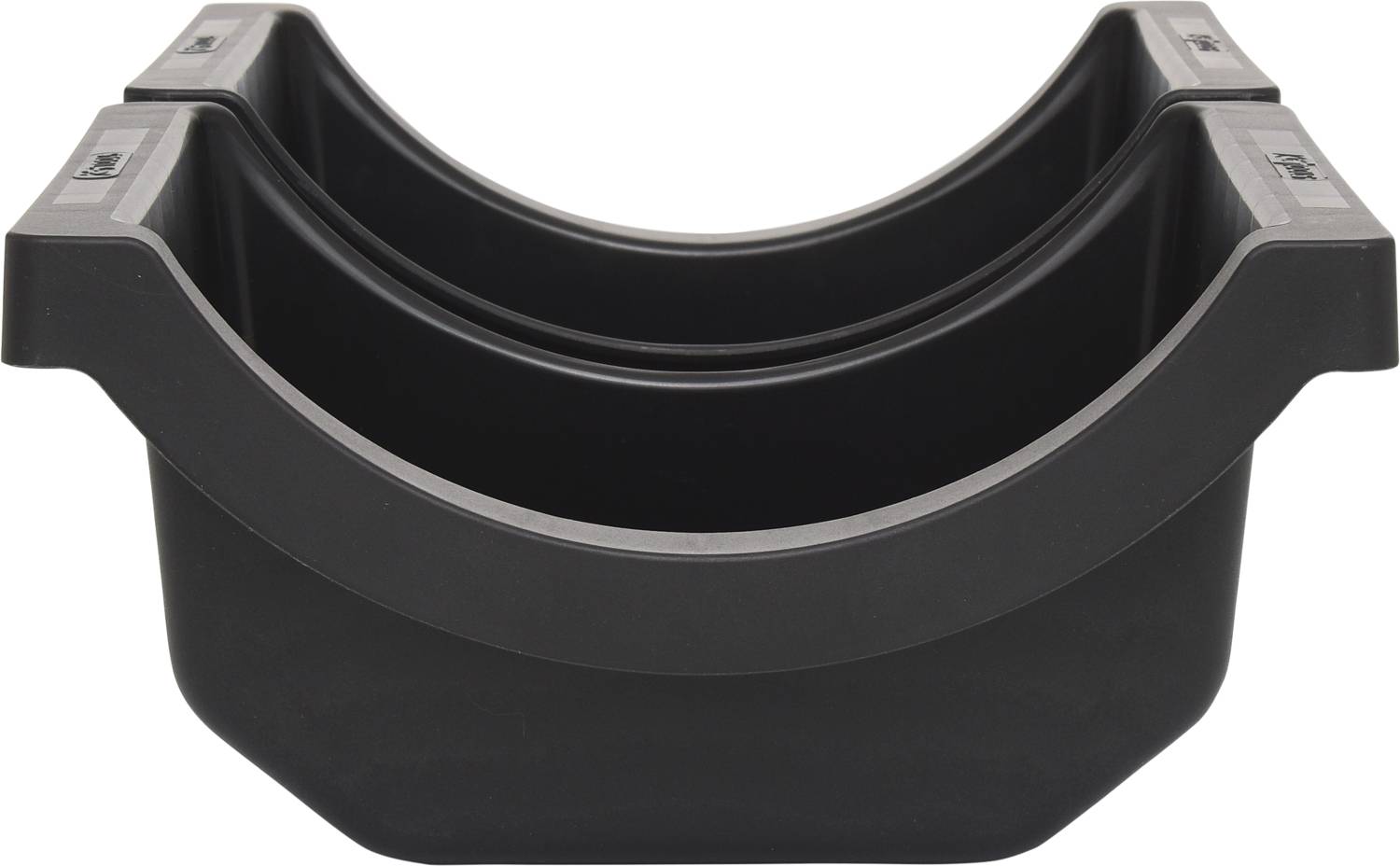 A black, curved plastic container with two internal compartments, likely designed for organisation or storage.