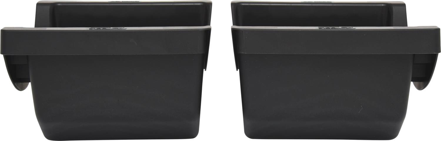 Two black square plastic containers side by side, each with a wide rim around the top, on a white background.