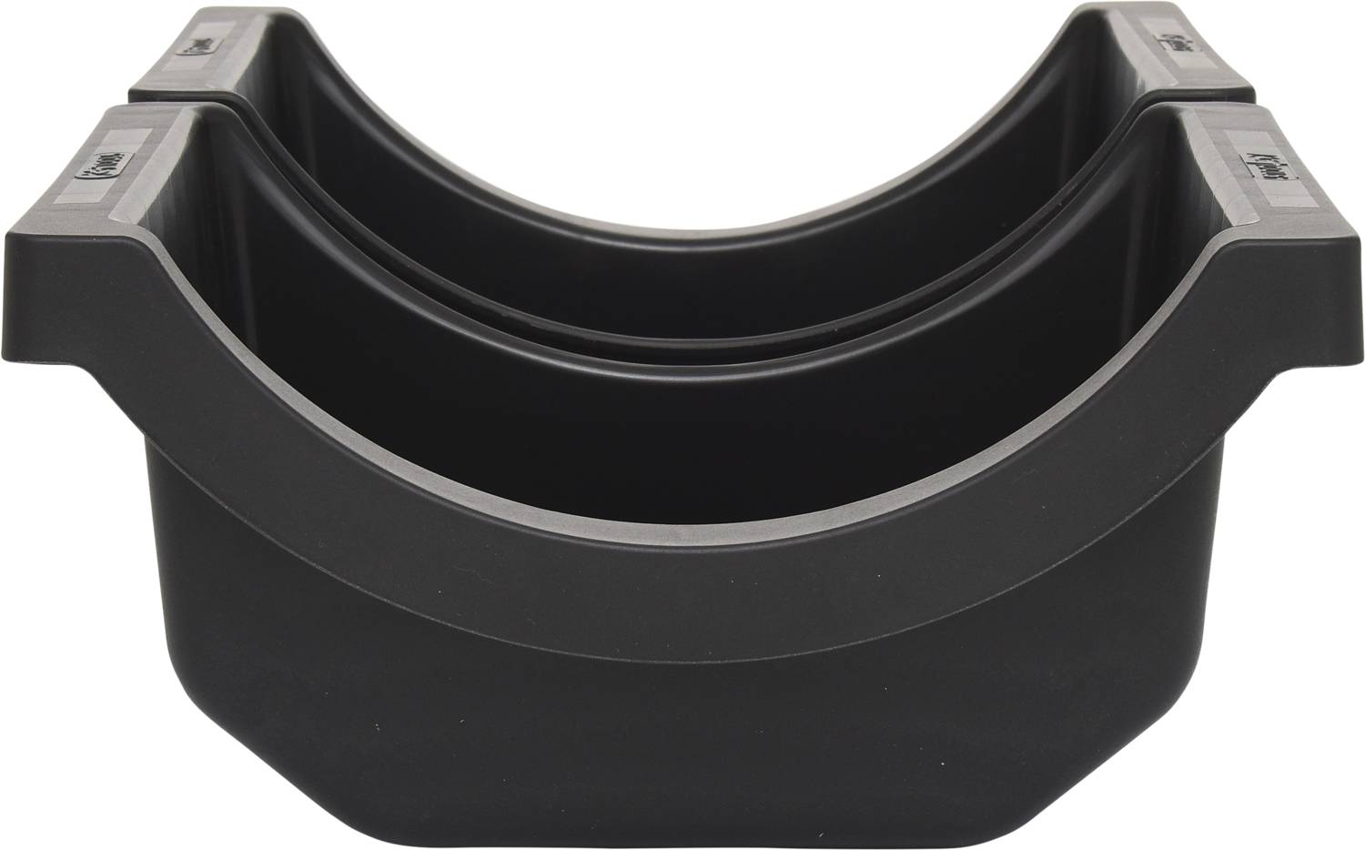 Black, semi-circular plastic holder with three compartments for organised storage or display.
