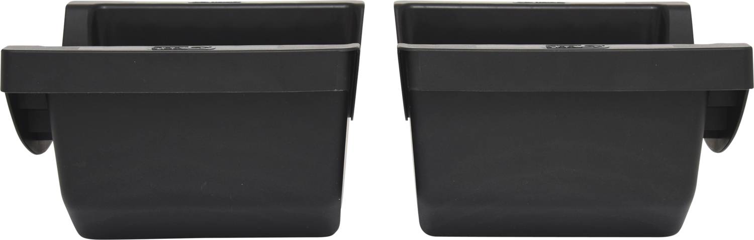 Two identical black plastic containers side by side, open at the top. They are standing on a white surface.