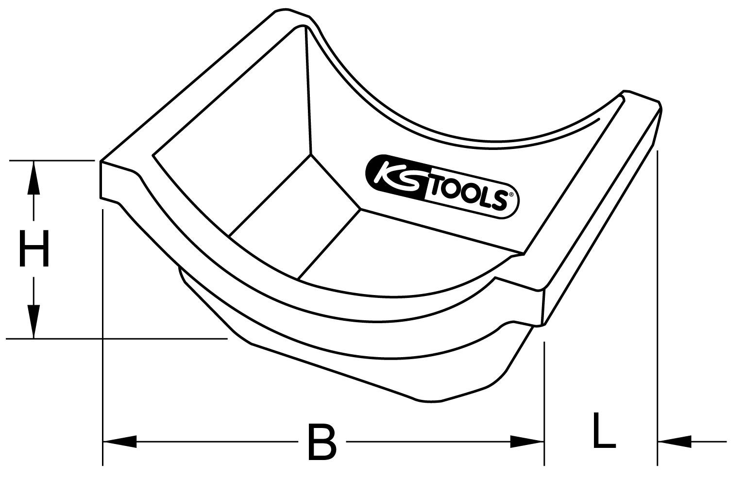 Technical drawing of a support for round objects by KS Tools, showing dimensions H (height), W (width) and L (length).