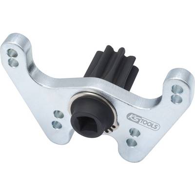 A silver tool component from KS Tools with six holes. A black locking piece is located in the centre.