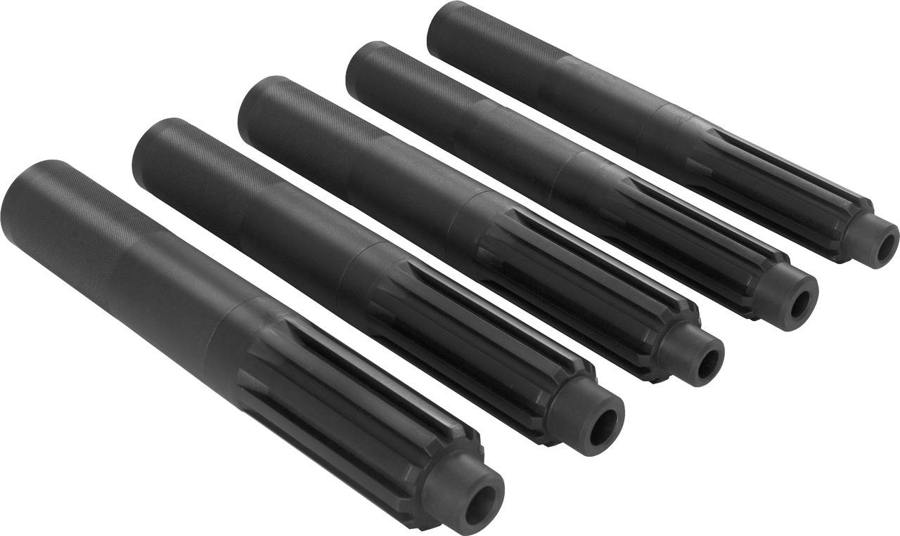 Five black, cylindrical metal parts, arranged parallel to each other, with grooved surfaces.