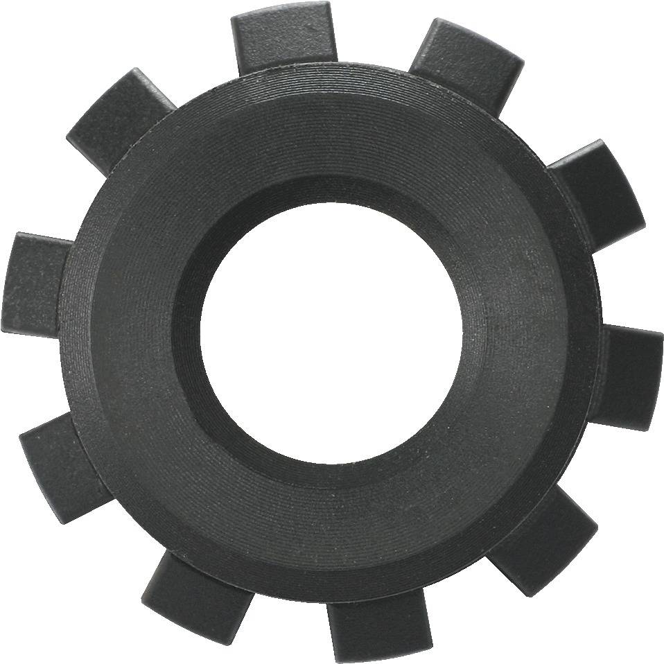 A single black gear wheel with nine teeth on a white background.