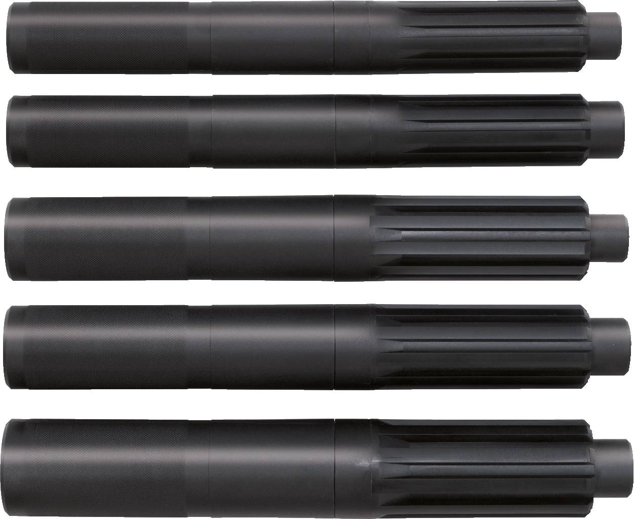 Five black cylindrical objects arranged in a horizontal row. Each has different groove patterns, demonstrating variation.