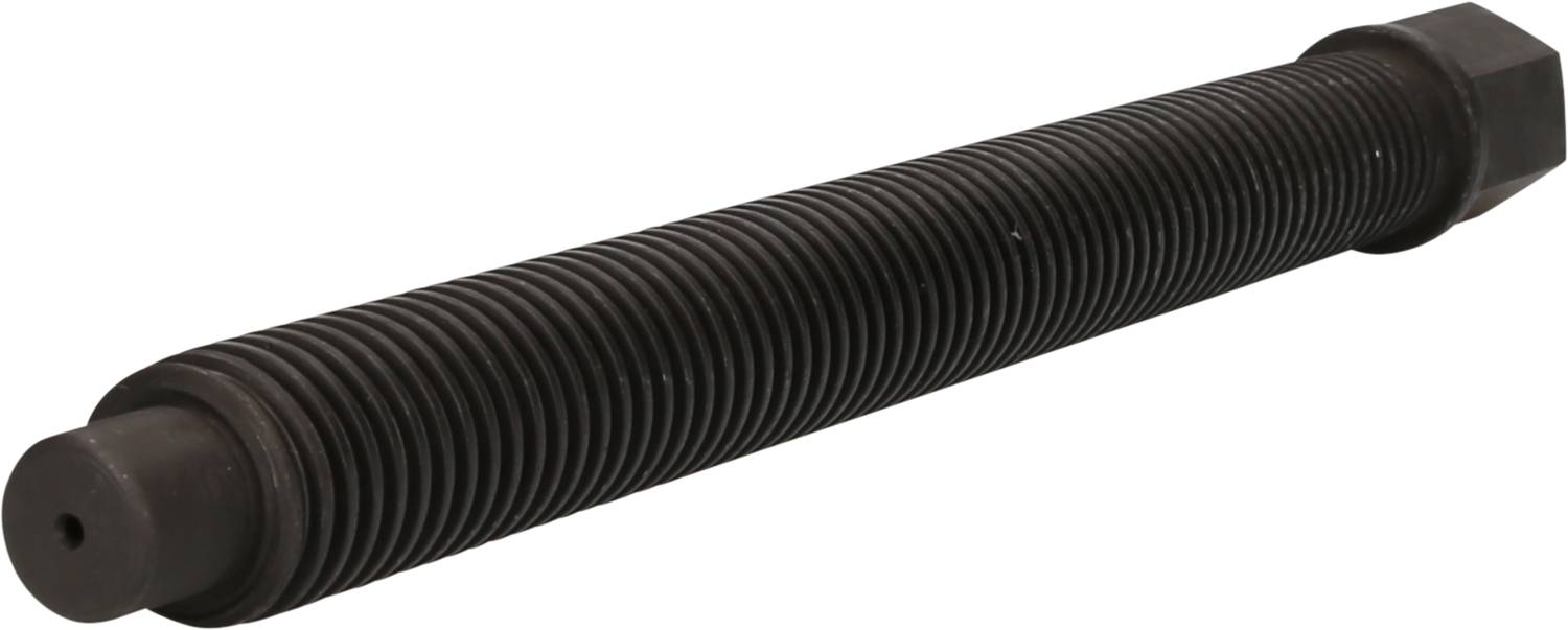 A long, black metal grub screw with a hexagonal head and rounded end, set against a white background.