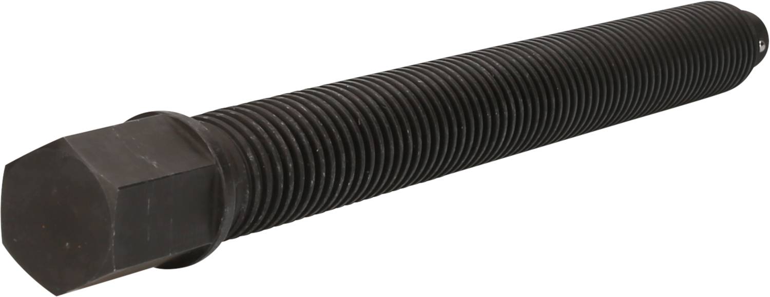 Black, ribbed screw with a hexagonal head, lying on a white background.