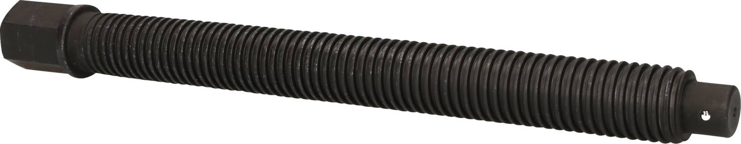 'A long black metal bolt with threaded teeth and square ends.'