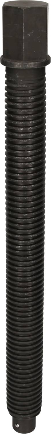 Long, black, ridged cylinder with a square head and a small indentation at the bottom end.