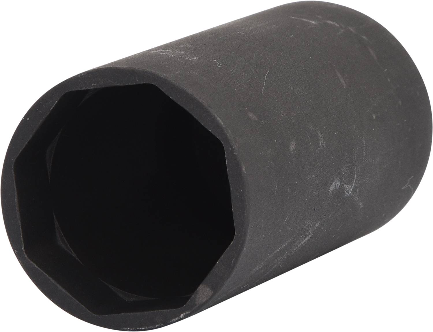 A black, cylindrical socket nut with a hexagonal opening, suitable for mechanical work or tightening screws.
