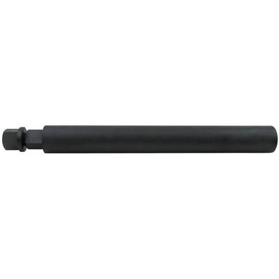 Black cylindrical object with a hexagonal end on the left. Possibly part of a tool or machine.