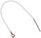 Oil dipstick with a red plastic handle and long flexible metal rod, used for checking the oil level in an engine.