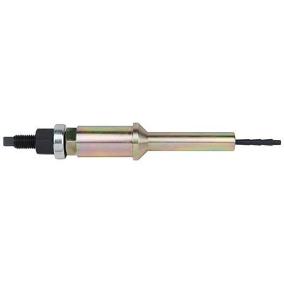 A cylindrical metallic sensor with a black threaded connection and cable end for use in industrial applications.