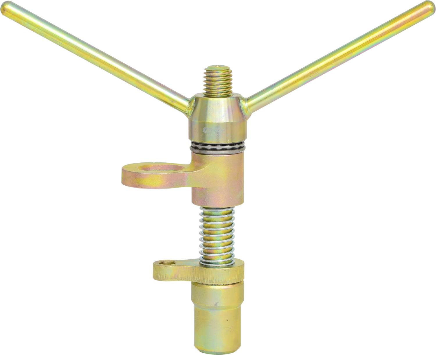 A metallic tool with two levers for manual operation, a central spring and a fastening device at the bottom.