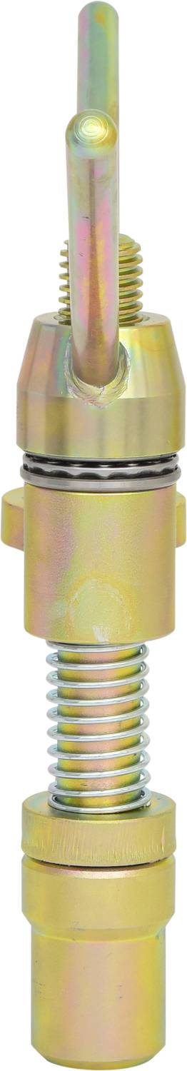 A silver metal component with a spring coil and threads, potentially a part for mechanical or industrial applications.