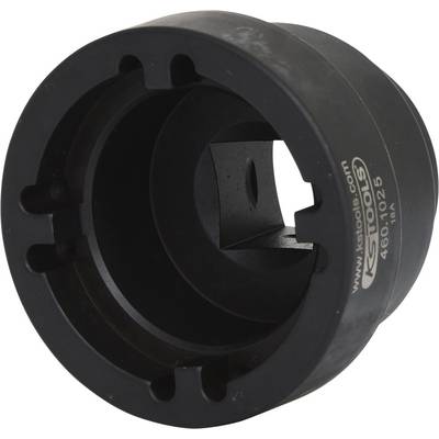 Black metal tool with a round shape, four notches on the inner surface. Used for securing or adjusting connections.