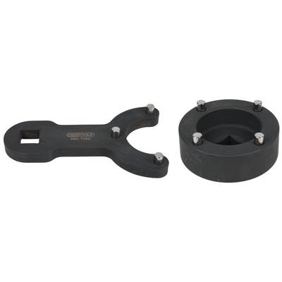 A black specialist tool set comprising a spanner with four pins and a circular attachment for vehicle repairs.