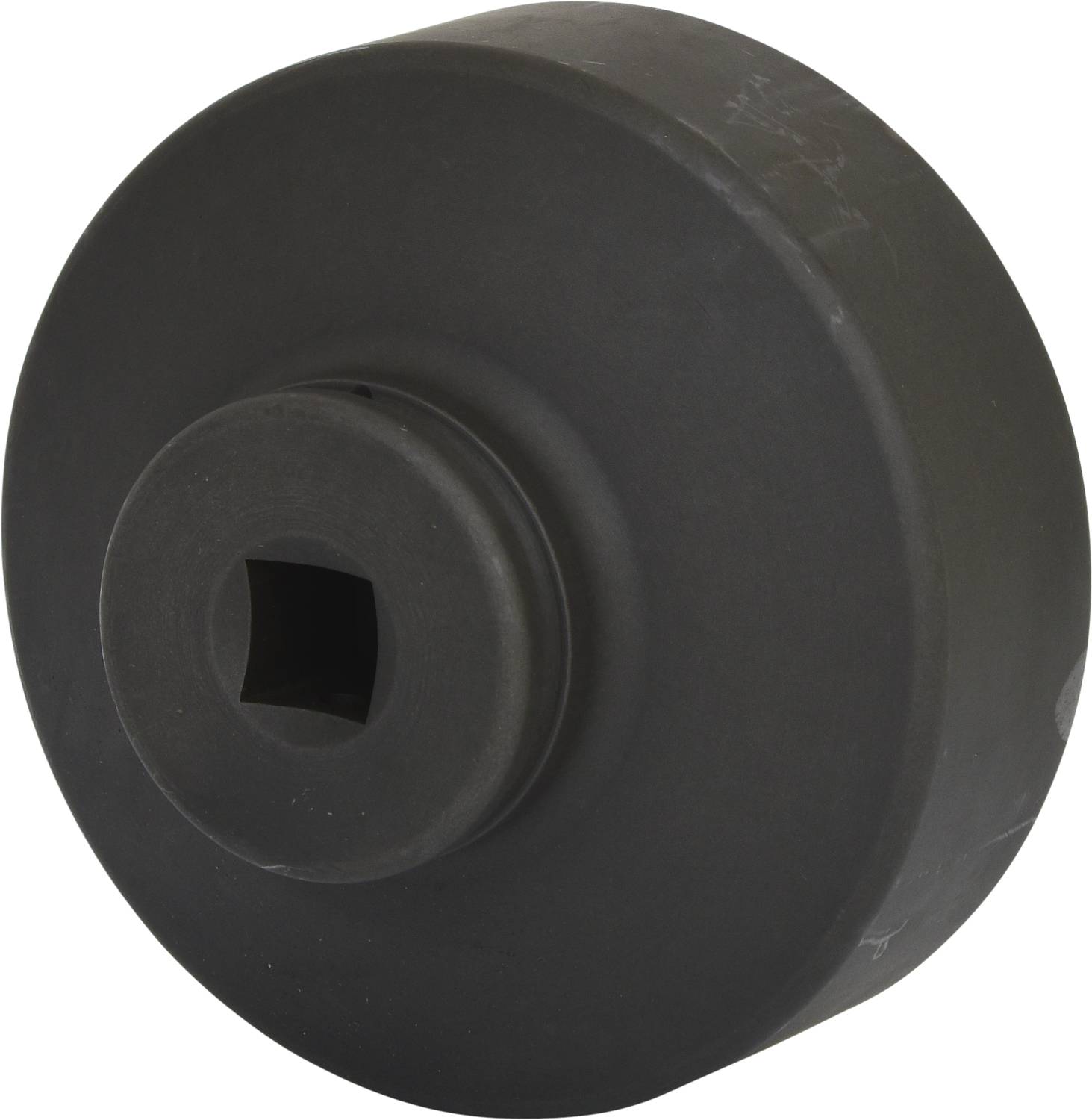 A black, circular metal tool with a square cut-out in the centre, presumably a socket tool insert.