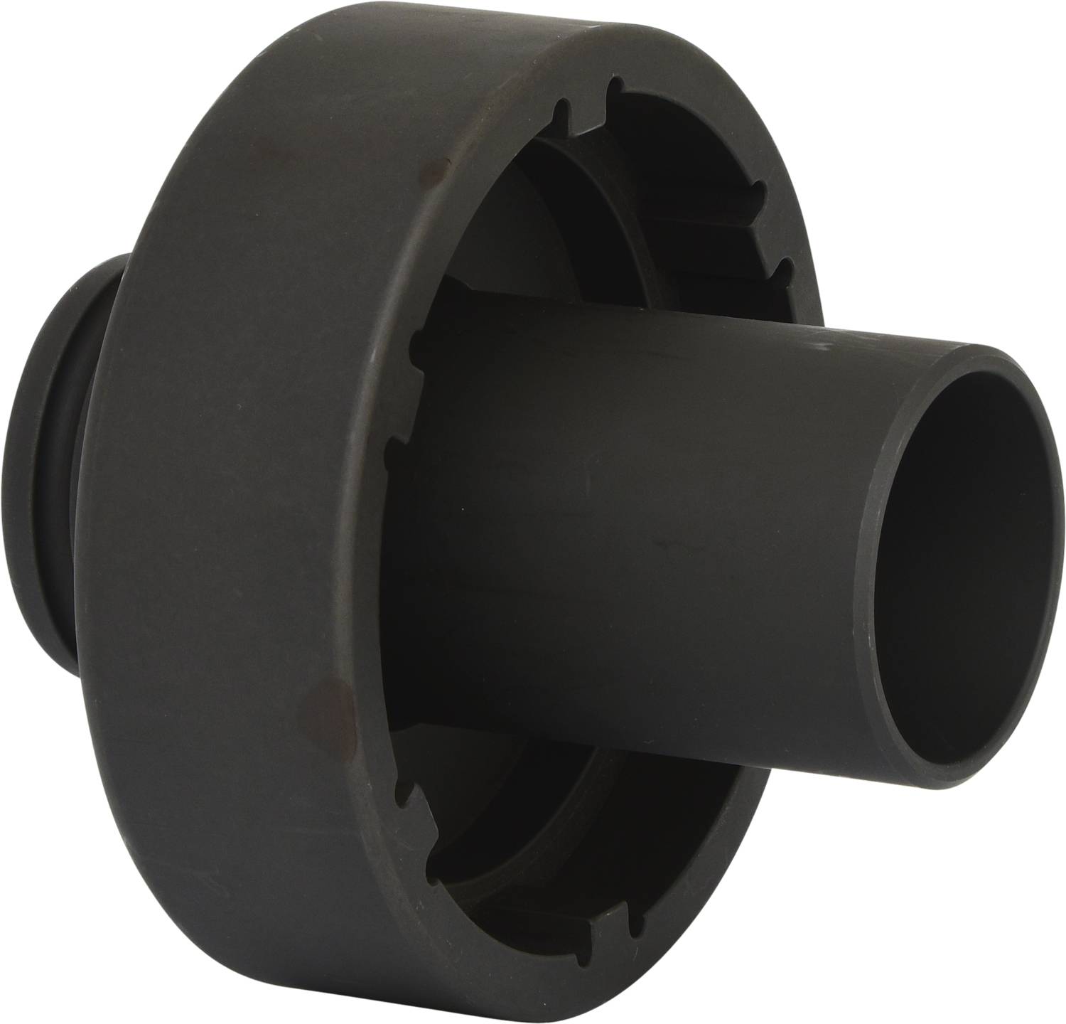 A large, dark, cylindrical plastic pipe connector used to join two pipes together.