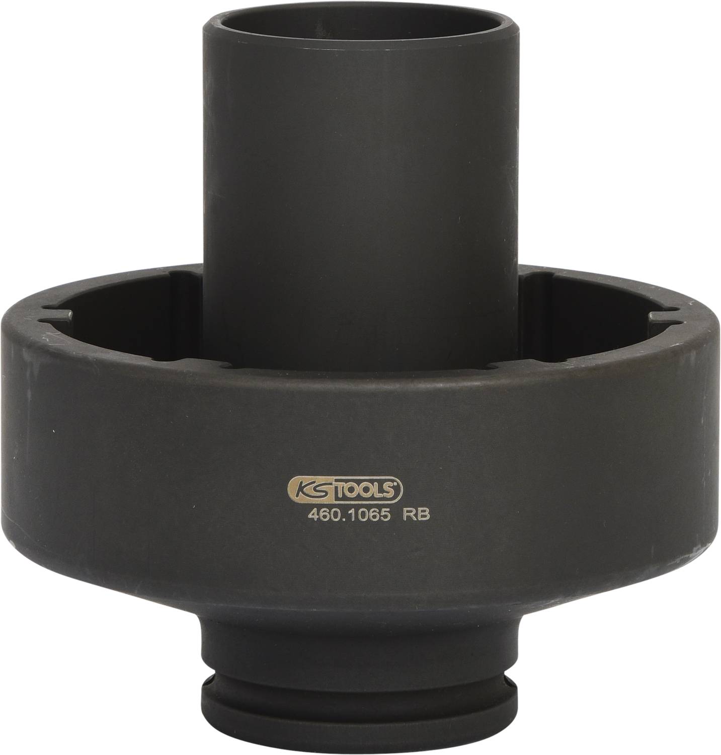 A black mechanical tool, cylindrical in shape, with the inscription 'KS TOOLS 460.1065 RB', is likely used for maintenance or repair.