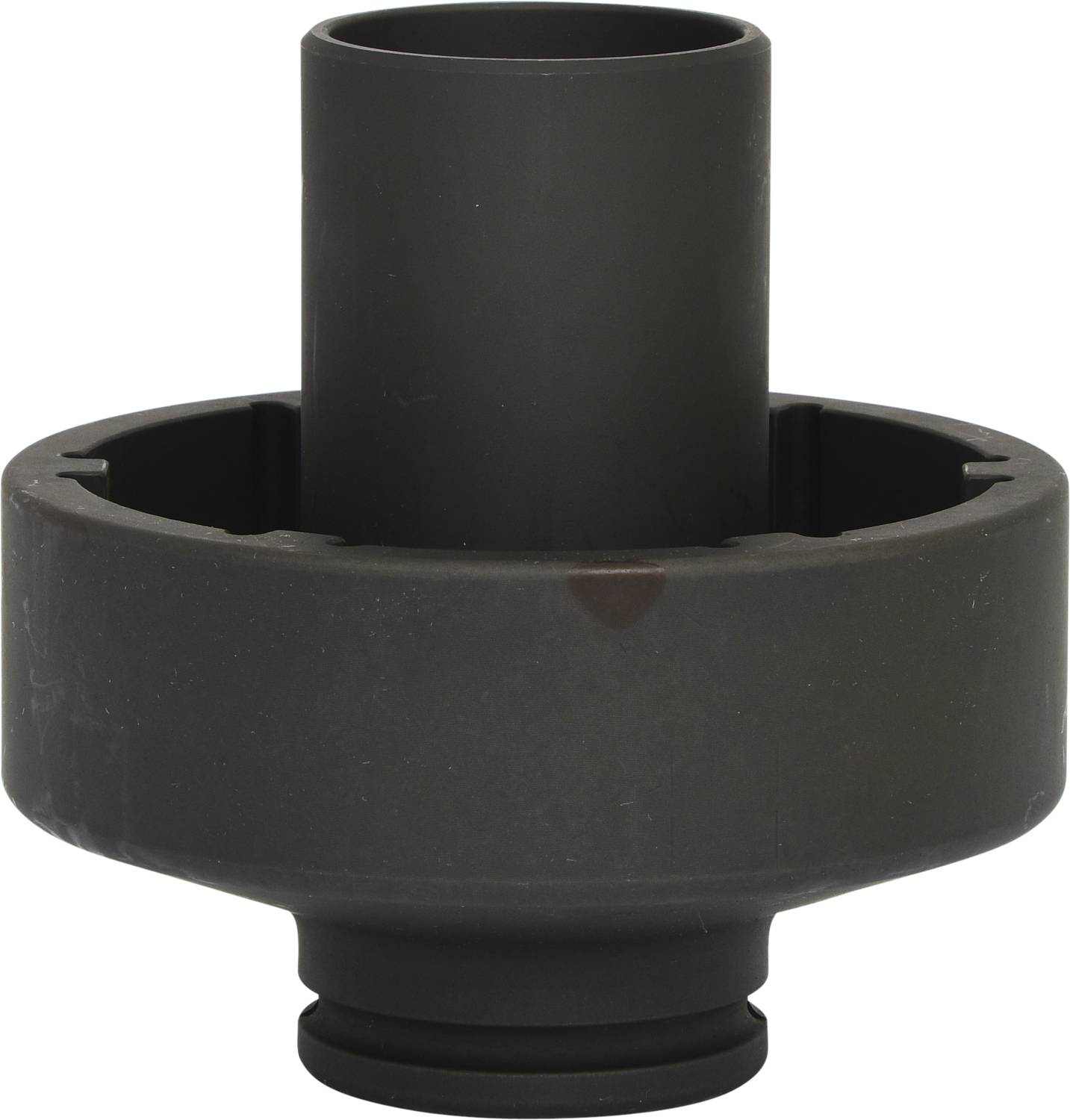 Plastic adapter with a cylindrical upper section and a wider, flat ring beneath. Used for connecting technical devices.