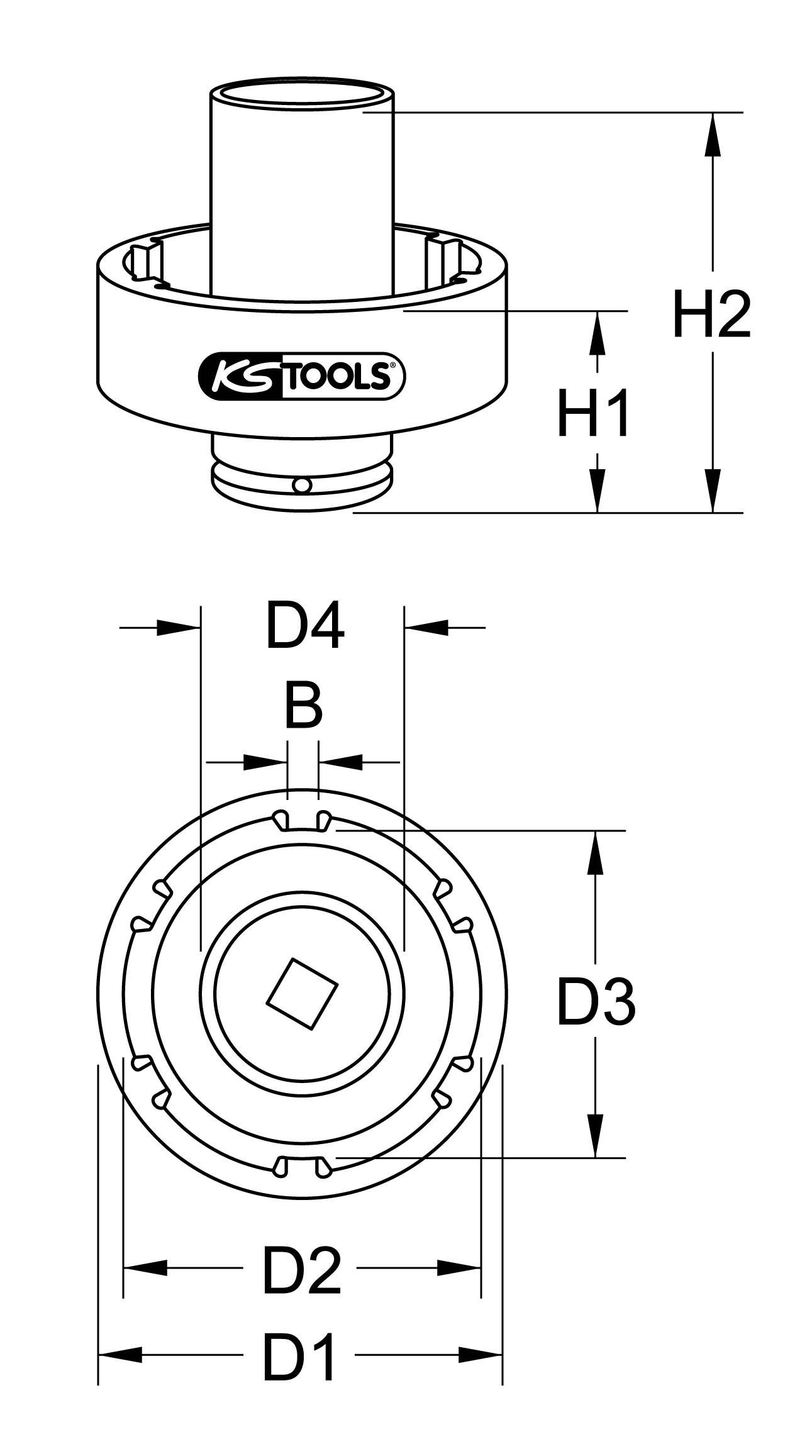 'Technical drawing of a tool by KS Tools with heights H1, H2 and diameters D1-D4 marked. Top view and side view.'