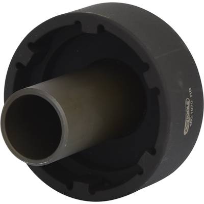 A grey metal tool in a cylindrical shape with a distinctive rim and inner tube, potentially part of a larger mechanical component.