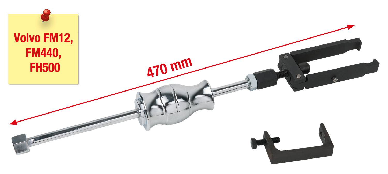 Sliding Hammer Puller, Length 470 mm, suitable for Volvo FM12, FM440, FH500. Includes separately illustrated fixing clamp.