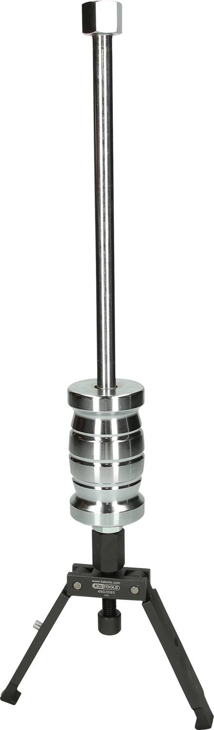 Silver pipe cutter mounted on a black, three-legged stand. Used for cutting pipes.