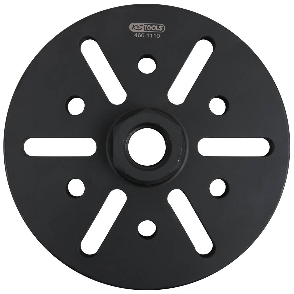 Black metal plate with seven symmetrically distributed oval slots and a central opening. Marked with 'KS TOOLS 460.1110'. Purpose
