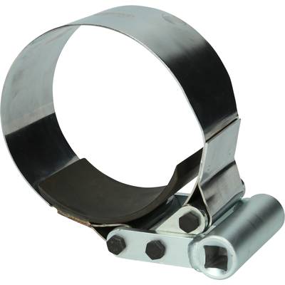 Metal oil filter wrench. Silver, curved construction with handle. Tool for removing oil filters in vehicles.