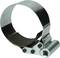 Metal oil filter wrench. Silver, curved construction with handle. Tool for removing oil filters in vehicles.