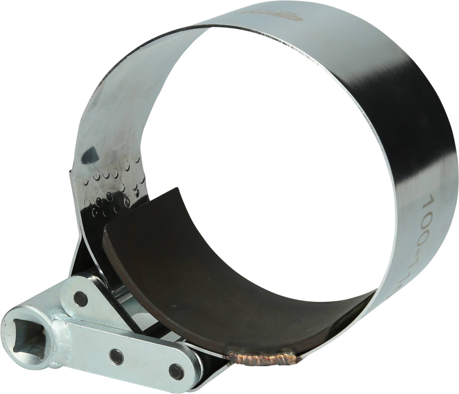 Metal pipe clip with screw, used for securing pipes or hoses.