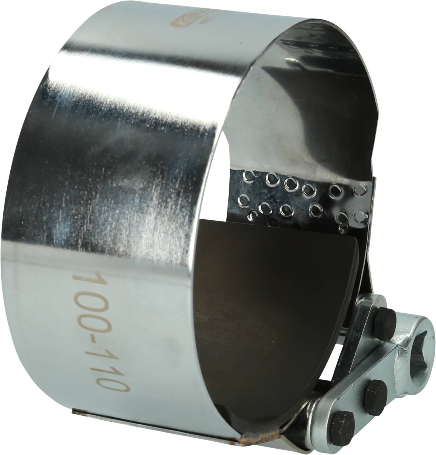 Metal pipe clamp for securing pipes, 100-110 mm diameter range, with screw closure for easy tightening.