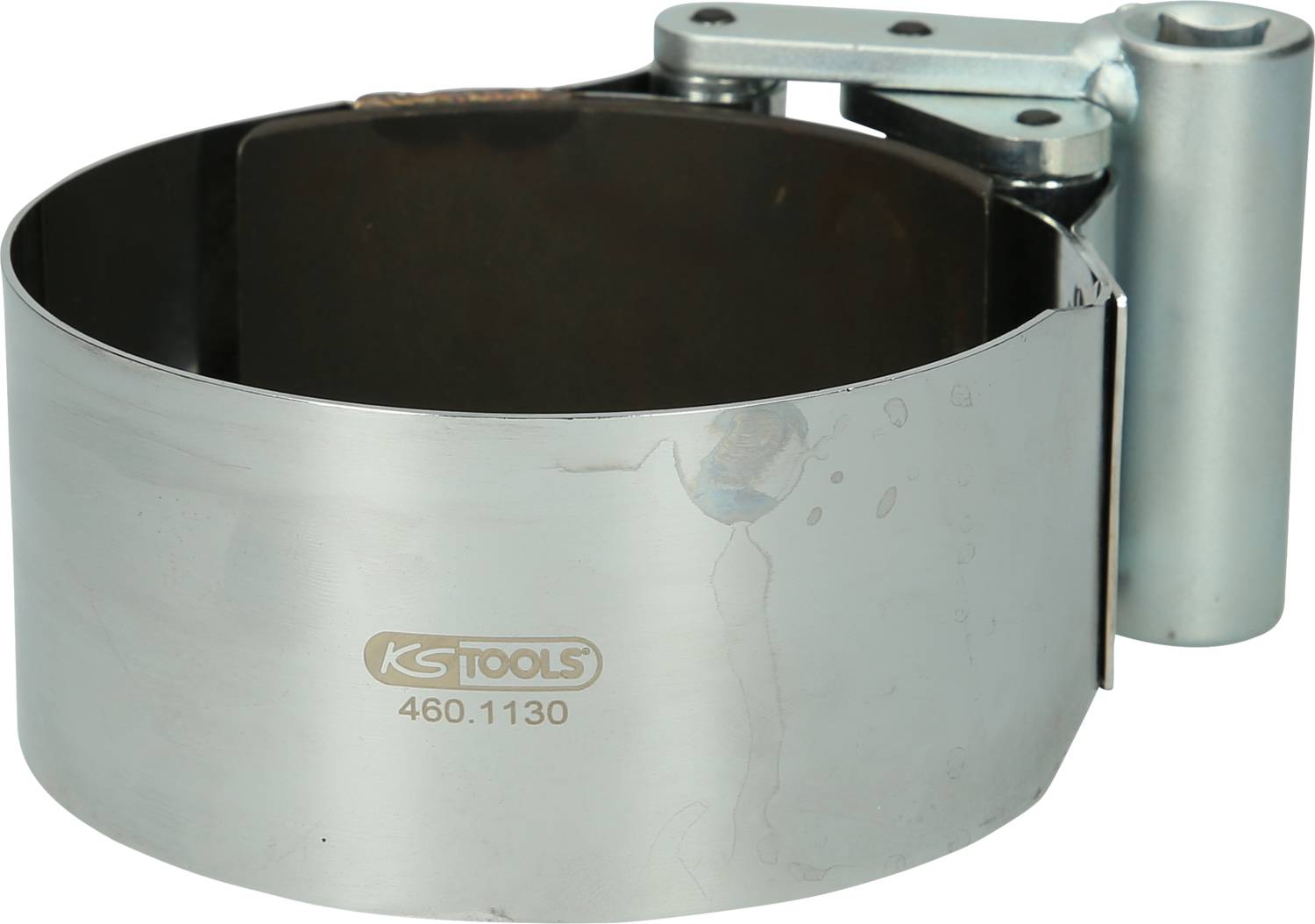 The metal oil filter wrench has a cylindrical shape with a handle. It is marked with: 'KS TOOLS 460.1130'. Suitable for removing oil filters.