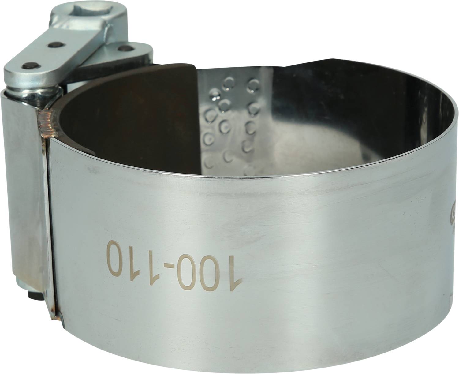 A metal pipe clamp with a tensioning closure, suitable for pipe diameters between 100 and 110 mm.