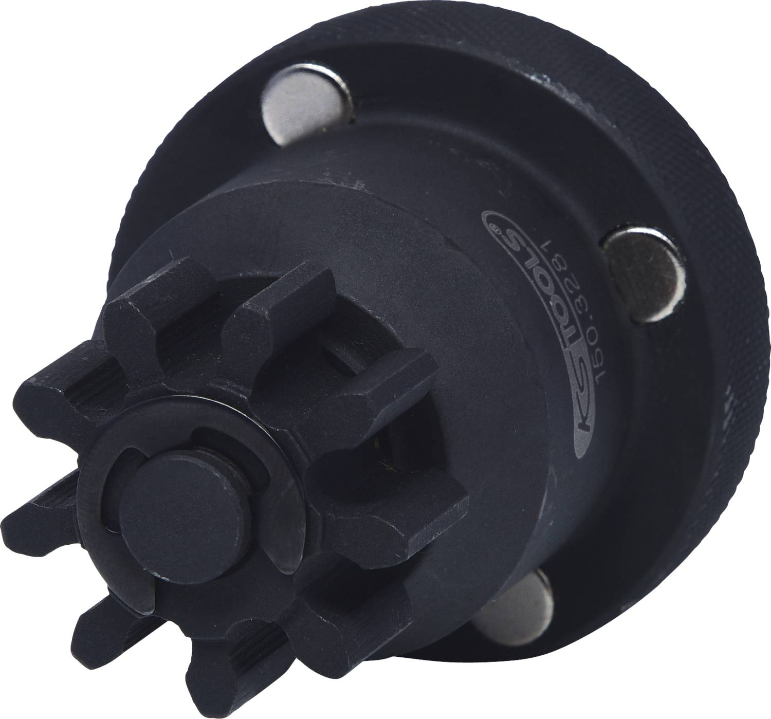 A round, black metal adaptor with a serrated edge and screw holes, likely part of a tool or machine construction.