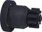 A black mechanical component, cylindrical with a toothed end and two screw holes, likely an adapter or connector.