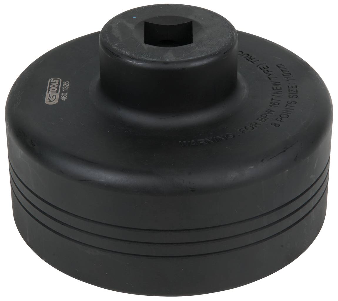 A black, round socket key attachment with a hexagonal opening in the centre. Inscription '8 POINTS SIZE 1-13/16 IN'.